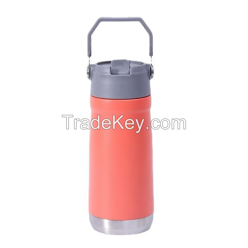 Cross-border 304 stainless steel 16oz vacuum insulated water bottle with portable handle, perfect for outdoor use, sports, and car or home use with straw cup.
