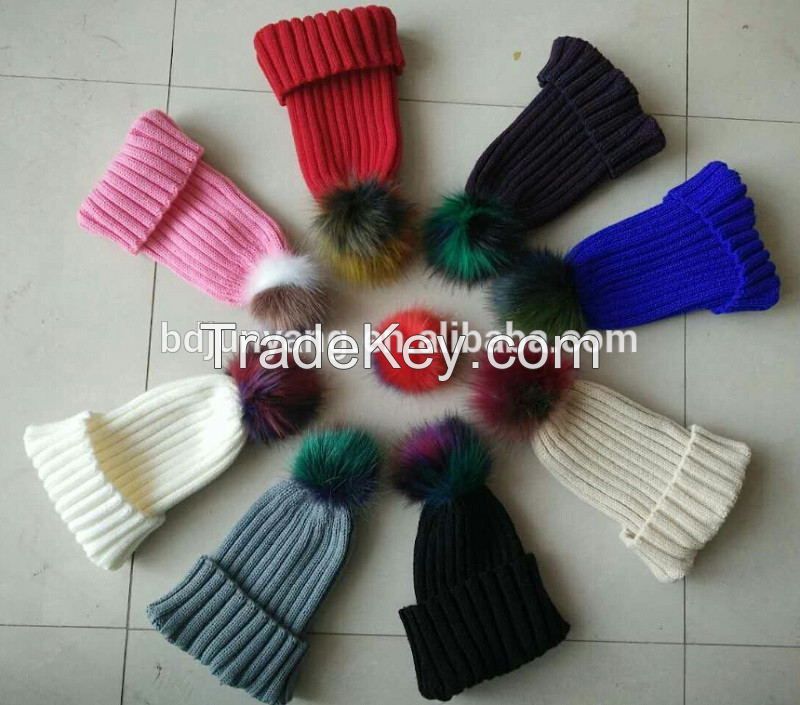 knitted warm beanie hat with fur pom pom