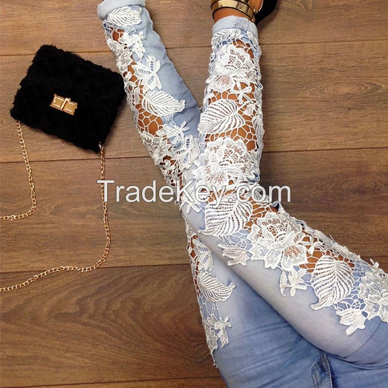 Wholesale cheapest lace blue pants jeans women