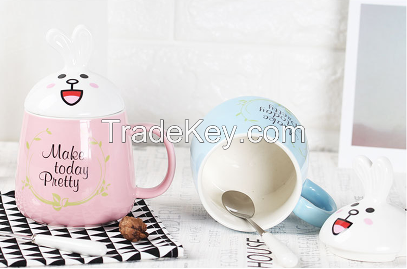 Creative Rabbit Cartoon Ceramic Mug With The Cover And Spoon