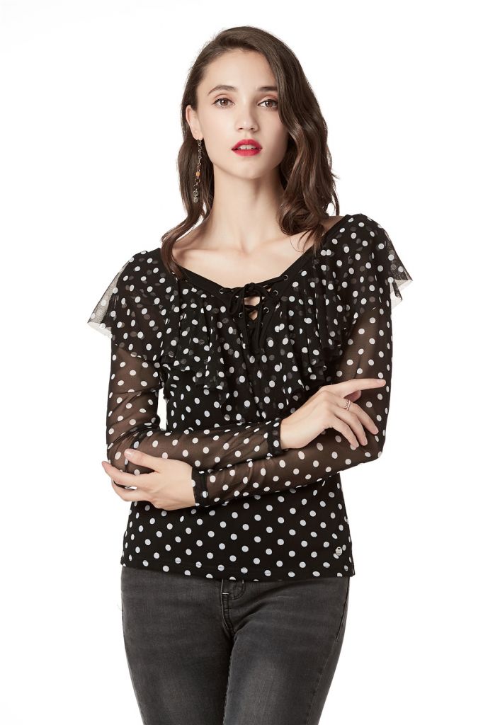 Polka Dot Elegant Blouses for Women , Transparent Long Sleeve and Deep V-Neck Sexy Tops with Loose Ruffle Naturally Falling