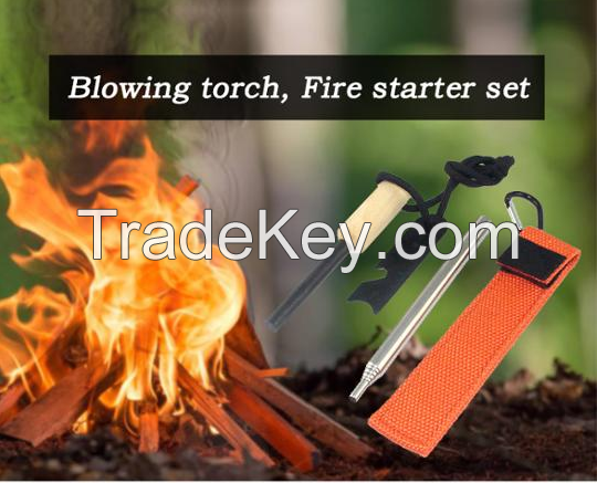 Make fire, Striker Firesteel outdoor Survivals Camping Fire with Blowing tube, carabiner, leather