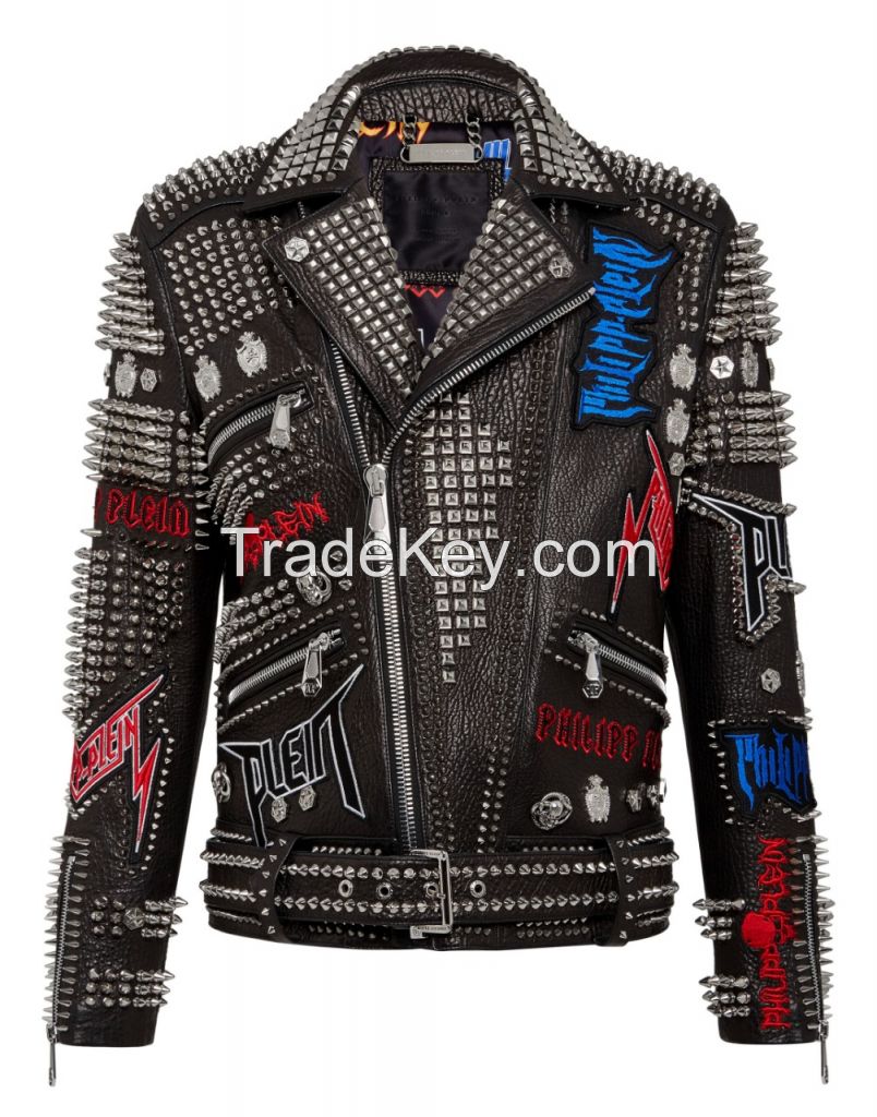 Hand Made Men's Biker Silver Studded Elegant Leather Jacket Biker