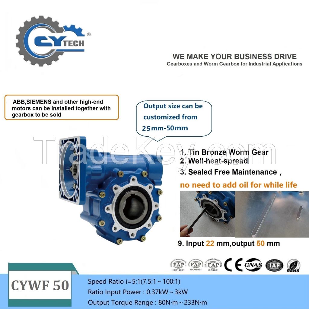 CHENYUE Large Input Hole Worm Gearbox CYWF50 Input 22mm Output 50mm Speed Ratio from 5:1/100:1 Speed 80-233N.m Engine 3Kw Free Maintenance