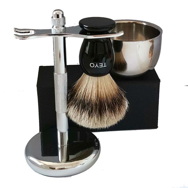 Silvertip Badger Hair Shaving Brush Set Include Resin Handle Brush Double Layer Shaving Bowl Chrome Stand