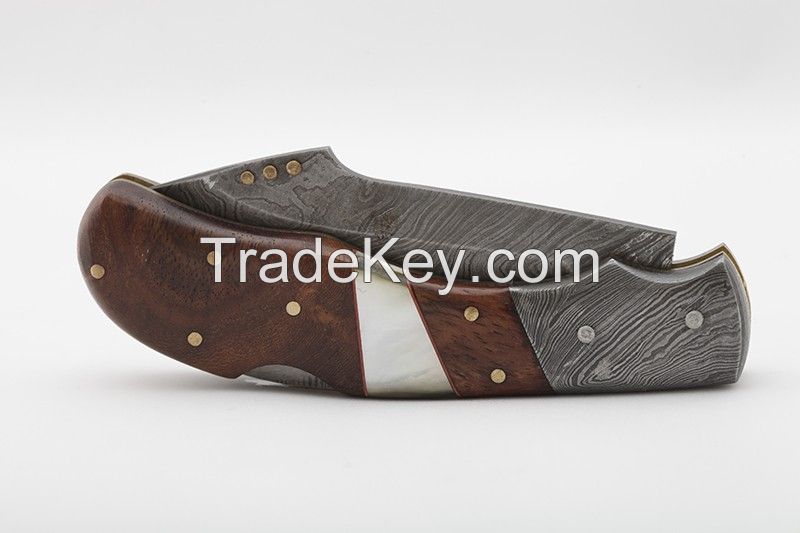 Damascus Folding Knife With Leather Sheath