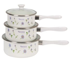 3 Pcs Enamel Milk Pot Set With Bakelite Handle And Glass Lid