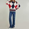 Women's Autumn Button Sweater Women's V-neck Contrasting Diamond Plaid Knit