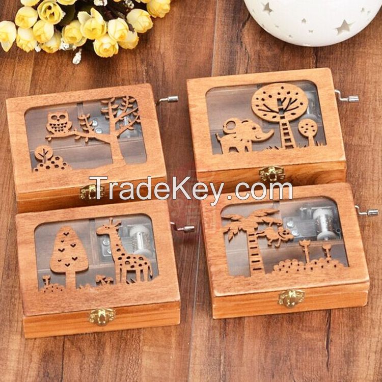 Antique carving wooden hand crank custom music box for HongKong brand