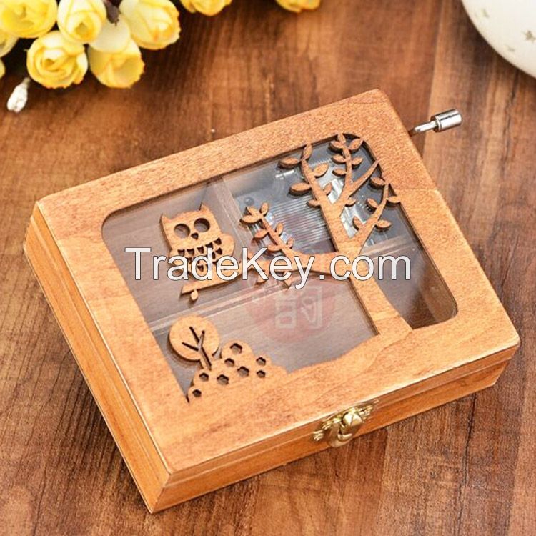 Antique carving wooden hand crank custom music box for HongKong brand