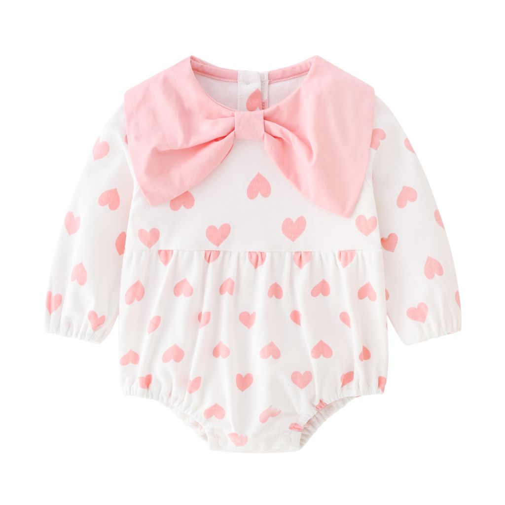 Newborn baby clothes pink heart printing big bow collar and long sleeve baby girl rompers