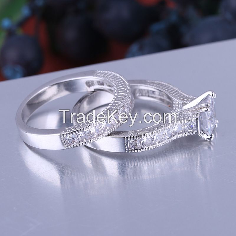 925 Silver Sterling Wedding Ring set with princess cutting square diamond