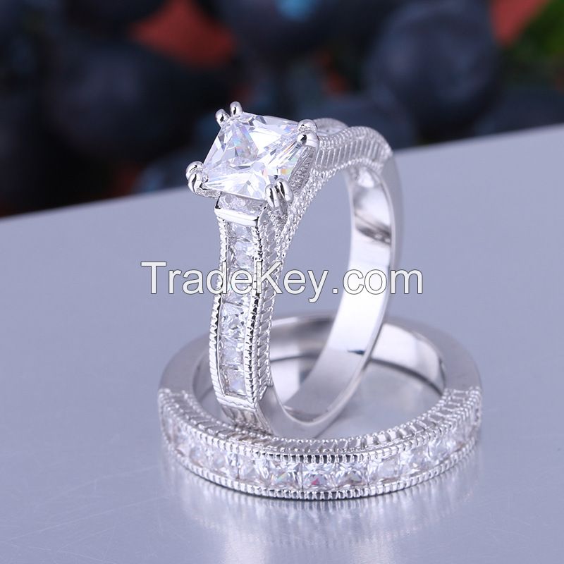 925 Silver Sterling Wedding Ring set with princess cutting square diamond