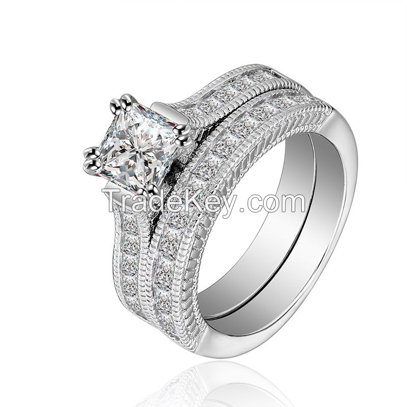 925 Silver Sterling Wedding Ring set with princess cutting square diamond