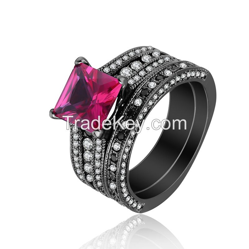 925 Silver Sterling Black Ring Set red ruby gemstone and CZ rings