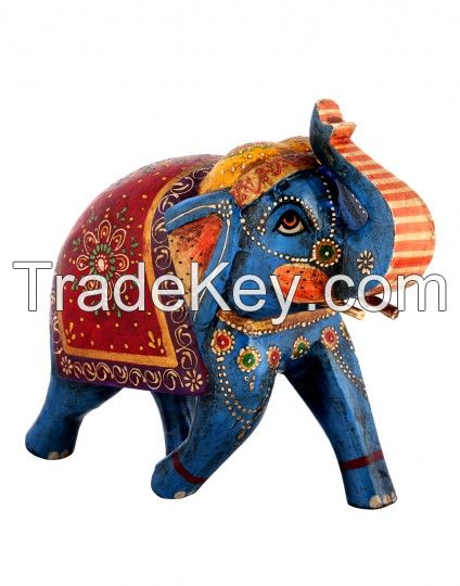 Blue Wood Floral Hand Painted Elephant Collectible Figurine