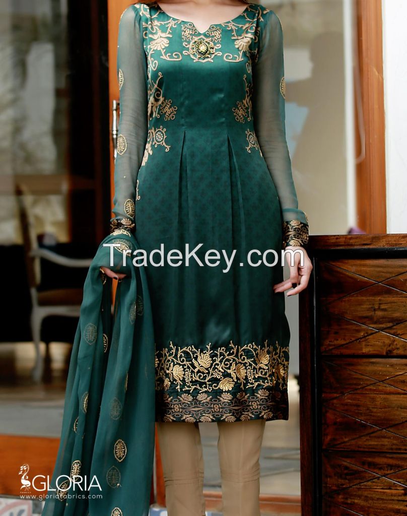 Sea Green Digital Silk Embroidered Inspiring Intricacy 3-Piece Unstitched Suit For Women - 1607