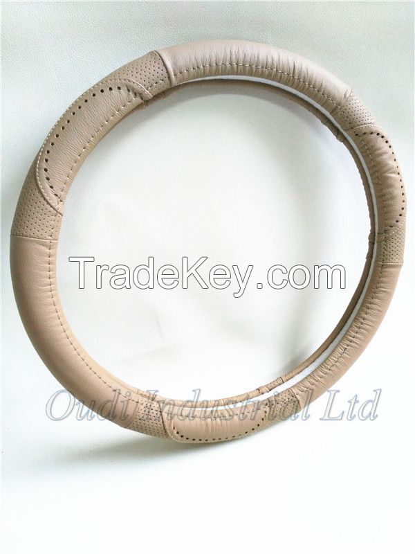 Premium tan genuine leather steering wheel cover 