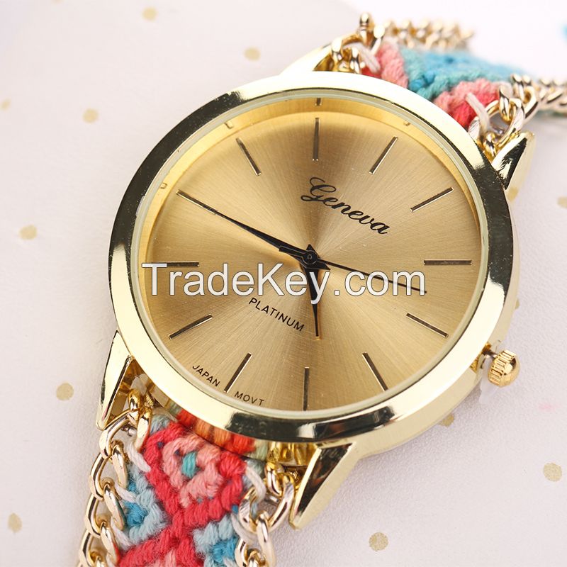 2016 Popular Women Bracelet Vintage Weave Wrap Quartz Leather Wrist Watch Quartz Wrist Watch