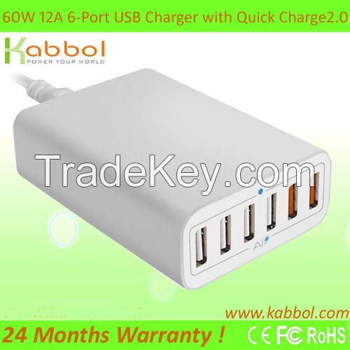 Quick Charge 2.0, 60W 6 port USB Fast Charger Wall/Travel Power Adaptor with Qualcomm Technology for Apple iPhone 6s 6s plus 5s 5c 4s and Tablets