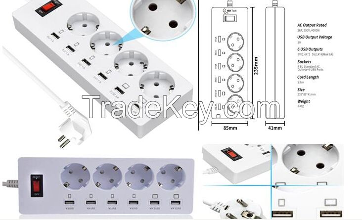 2016 New and Hot European Power Strip 4 AC Outlets Extension Sockets with 6 USB ports Power Strip Surge Protector for Galaxy S6 Edge Plus Note 5 4 Edge