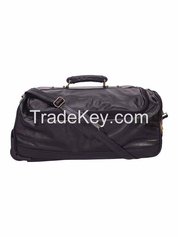 Genuine Leather Travel Duffle Outdoor Luggage Trolley Bag Black