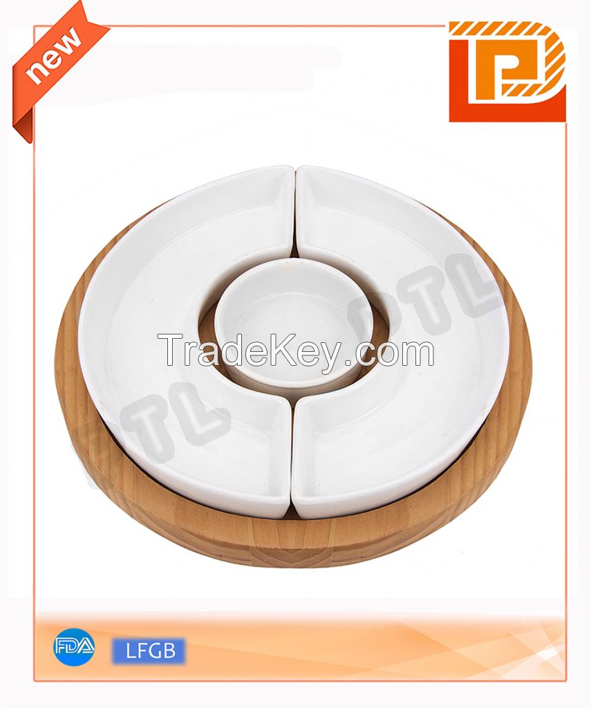 circular ceramic food holder with wooden stand