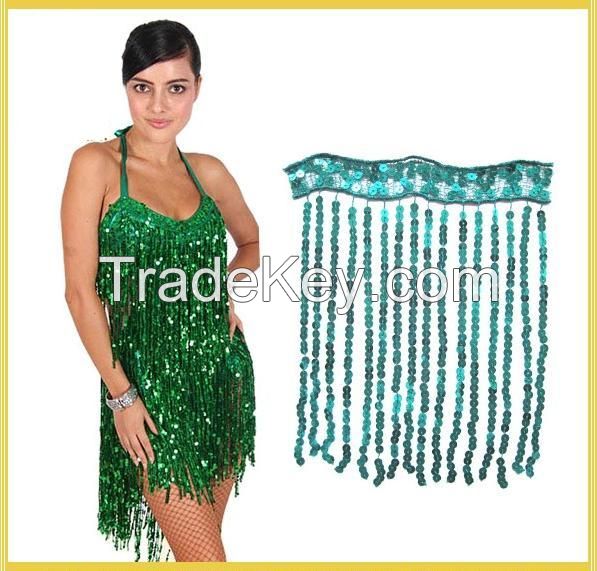 Newest  shiny fashionable custom sequins rayon fringe tassel trimming for dancewear skirt dress