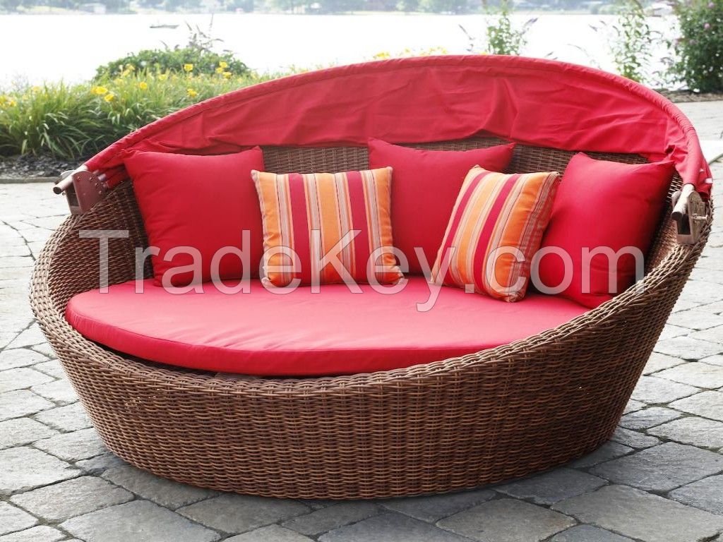 Resin Wicker Rattan Round Sun Loungers with Canopy - Patio Sunbed with Canopy Outdoor Furnitur