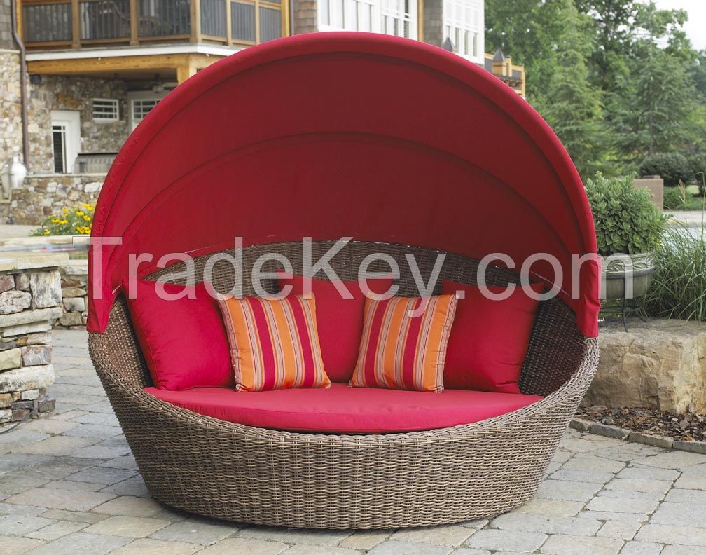 Resin Wicker Rattan Round Sun Loungers with Canopy - Patio Sunbed with Canopy Outdoor Furnitur