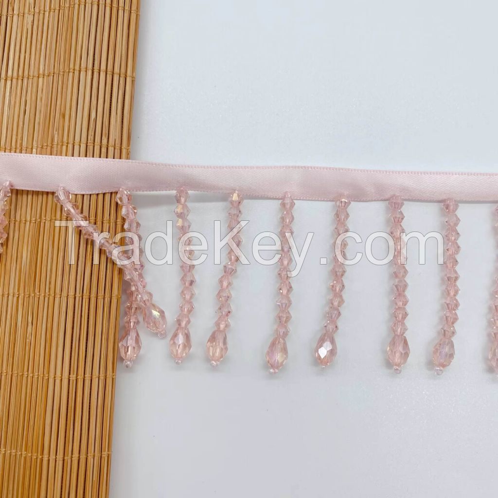 Sewing lace ribbon fabric glass beaded lace decoration, DIY curtain clothing accessories crystal two-color beaded tassel decoration