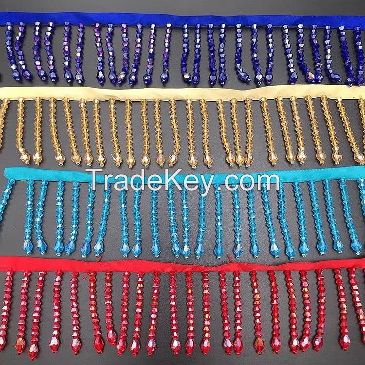 Sewing lace ribbon fabric glass beaded lace decoration, DIY curtain clothing accessories crystal two-color beaded tassel decoration