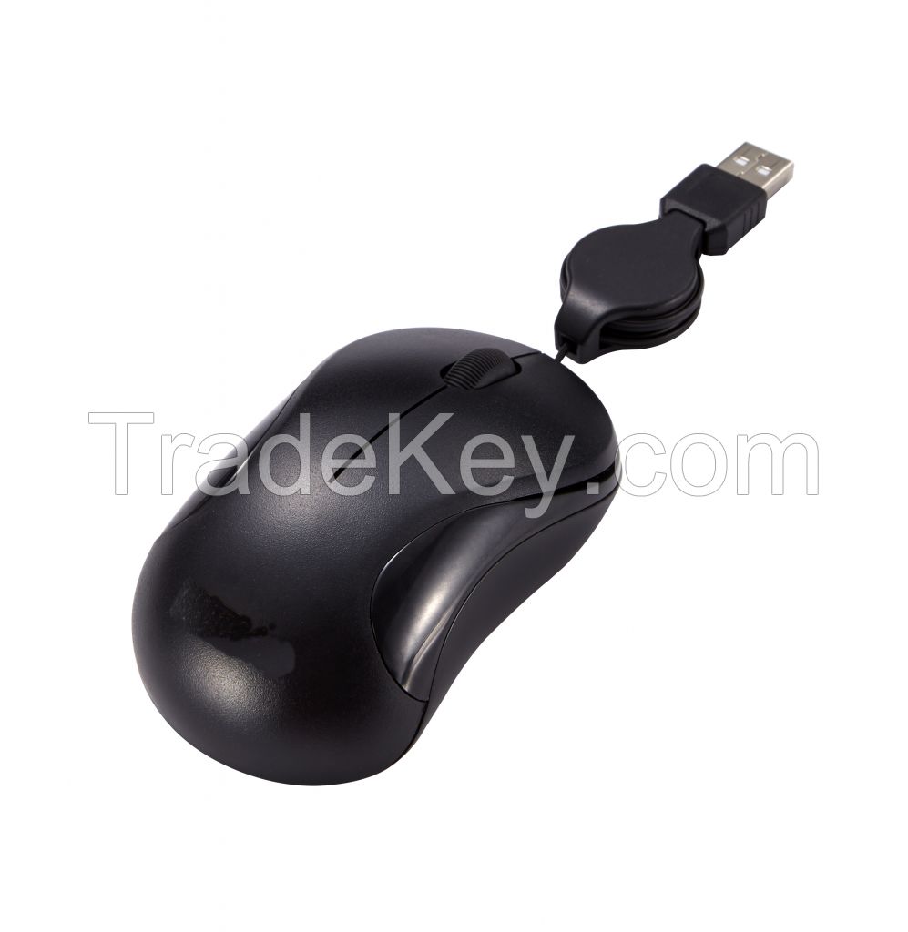 Computer Mini USB Wired Optical Mouse for Laptop with Retractable Cable 