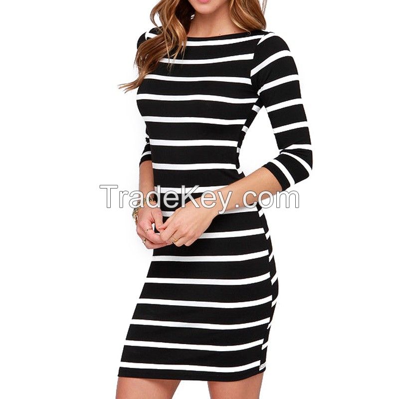 2016 New Spring Summer Round Neck Black and White Striped Dress