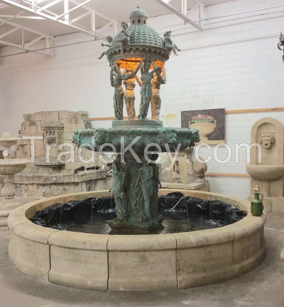 ANTIQUE BRONZE FOUNTAIN WITH LIONHEAD SPOUTS C.1870