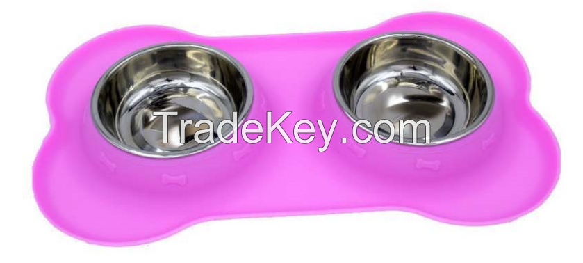 Pet Bowl Double Dog Bowl No Spill Silicone Mat Stainless Steel Dog Bowl