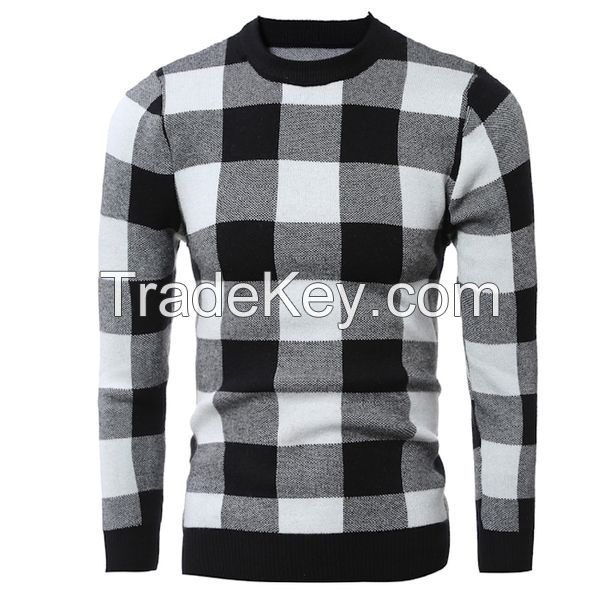 Men&#039;s 70% Acrylic 30% Wool Knitted Check Jacquard Pattern Pullover