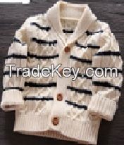 Boy&#039;s 100% Cotton Shawl Neck with Stripe and Fisherman Pattern Cardigan