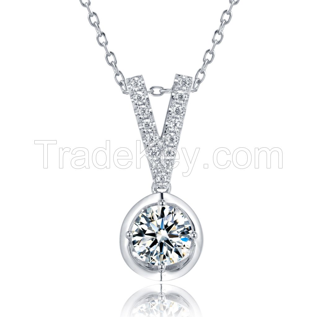 18 K White Gold Moissanite Pendant With Melees Halo 