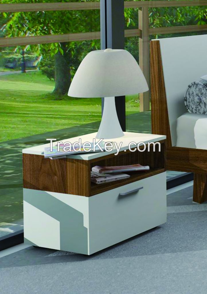 white matt gloss and walnut veneer king / queen size bed with solid wood leg legs in bedroom