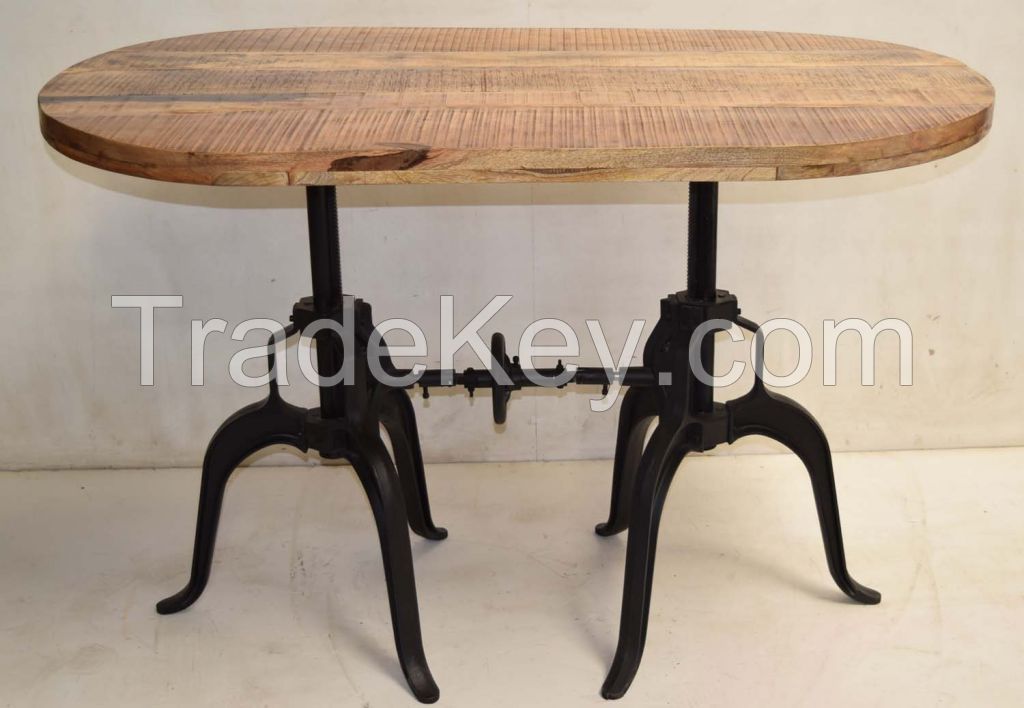 Double Crank Base Dining Table Oval Mango Wood TOp