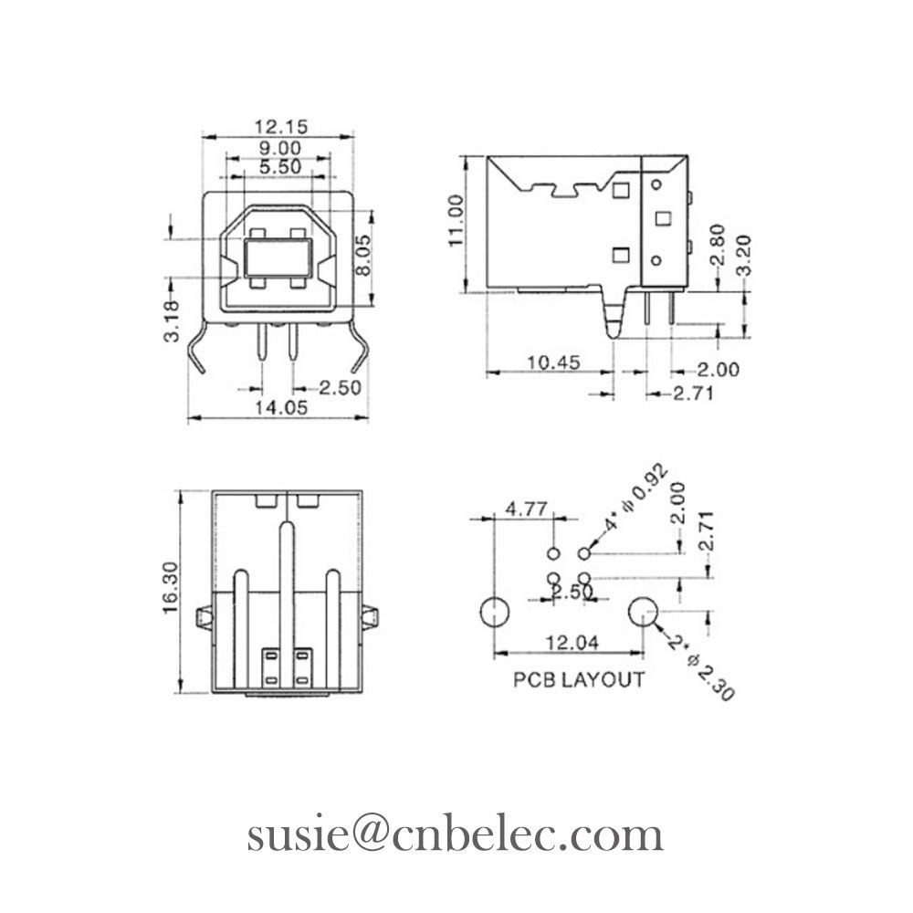 DIP B type mini socket BF usb b 4 pin female port connector