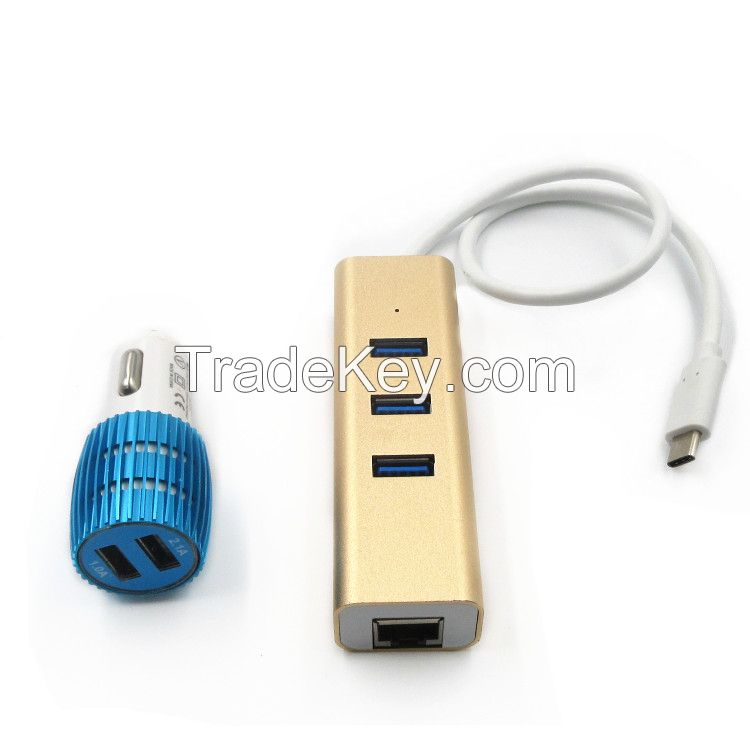 Gold aluminum alloy USB 3.1 RJ45 Cat5/6 type c to 3-port usb 3.0 hub for macbook