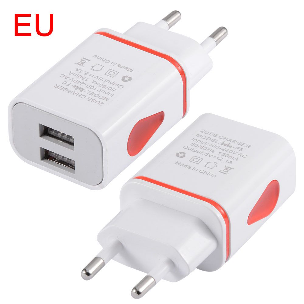 Top Quality 5V 2A US EU Plug Mobile Phone Portable Wall Travel USB Outputs Power Adapter with Light Indicator for Phone Chargers