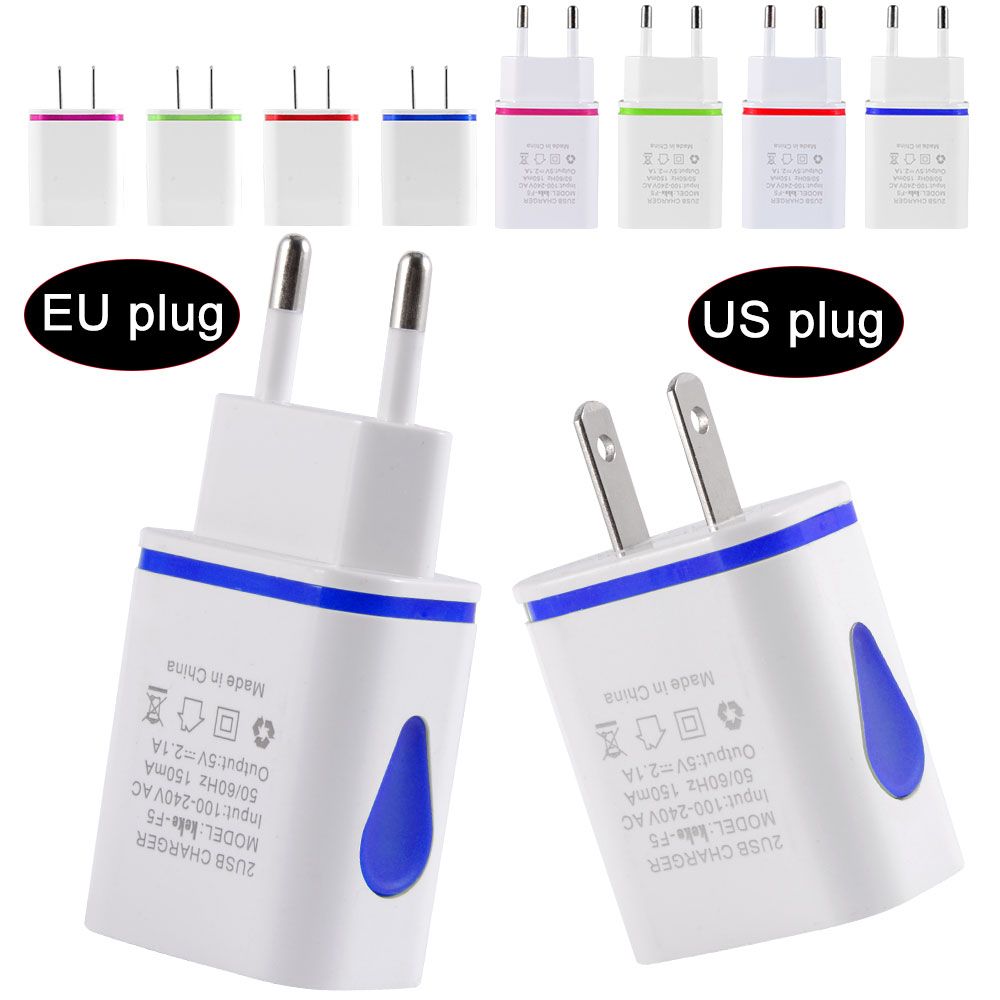 Top Quality 5V 2A US EU Plug Mobile Phone Portable Wall Travel USB Outputs Power Adapter with Light Indicator for Phone Chargers