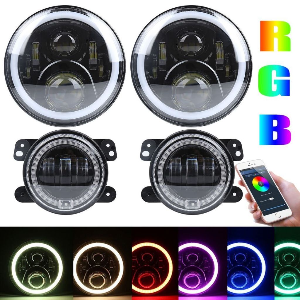 7inch RGB 90W led headlight 4inch 30w fog lamp for Jeep APP music controlled