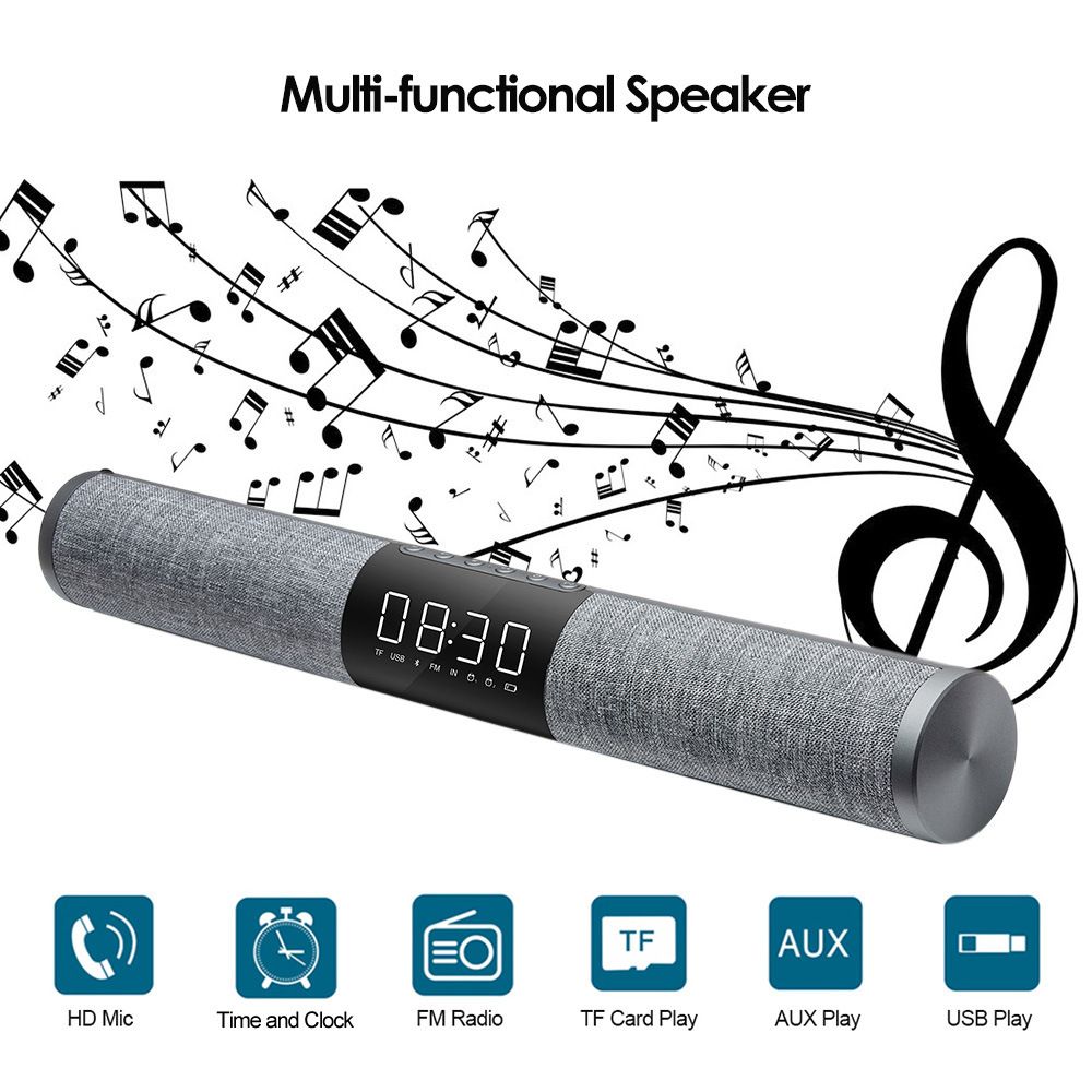 High sound quality Fabric Bluetooth sound bar wireless in cylinder-shape with HD Screen time &amp; alarm