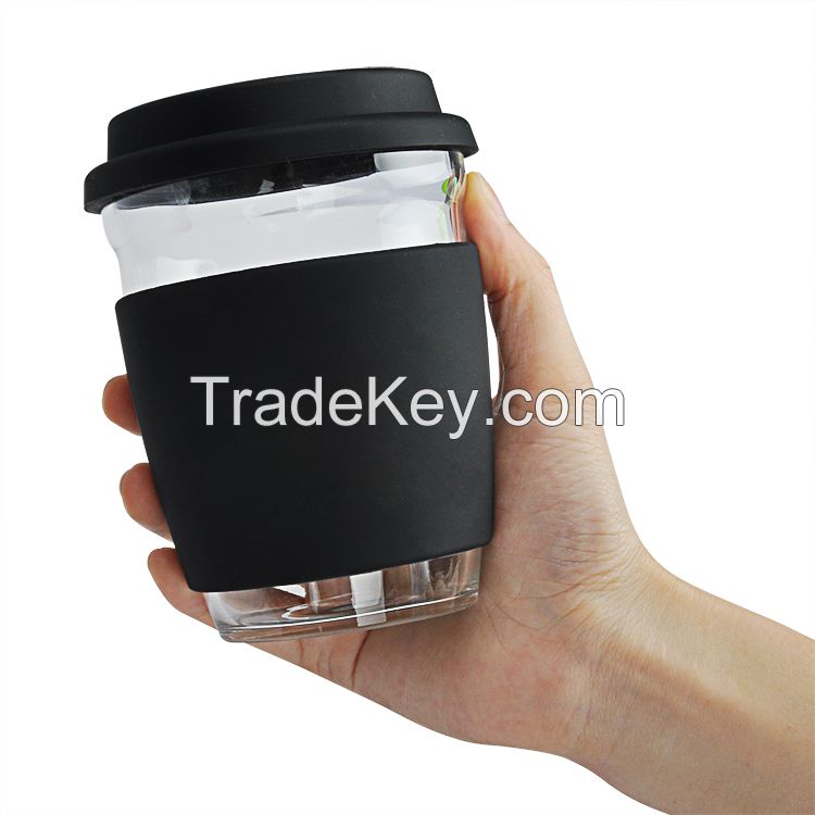 2018 Hot Selling 350ml Borosilicate Glass Water Cup With Silicone Cover And Lid