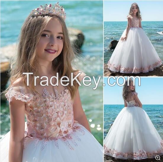 Handwork Girls Party Ball Gowns Chiffon Kids Wedding Dresses