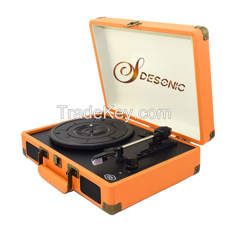 2019 popular Portable suitcase turntable record player with rechargeable battery, pc link and bluetooth optional